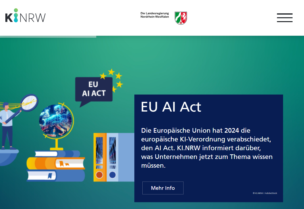 Screenshot der KI.NRW-Webseite zum EU AI Act – Informationen für Unternehmen zur KI-Verordnung