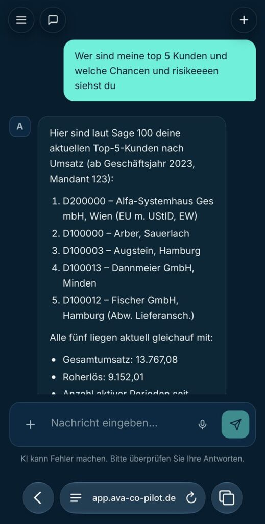 Avantgarde Co-Pilot Web App auf dem Smartphone: Auswertung der Top-5-Kunden aus Sage 100 im Dialog