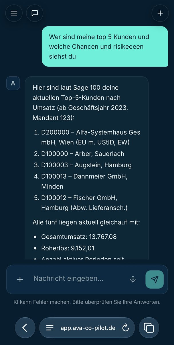 Avantgarde Co-Pilot Web App auf dem Smartphone: Auswertung der Top-5-Kunden aus Sage 100 im Dialog